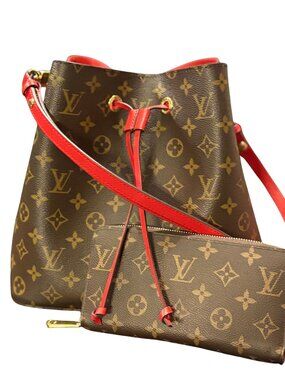 Louis Vuitton Monogram Bucket Bag with Red Trim and Matching Wallet